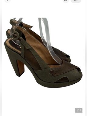 Marni Green Canvas & Brown Leather Peep Toe Slingback Platform Heels EU 40 US 10